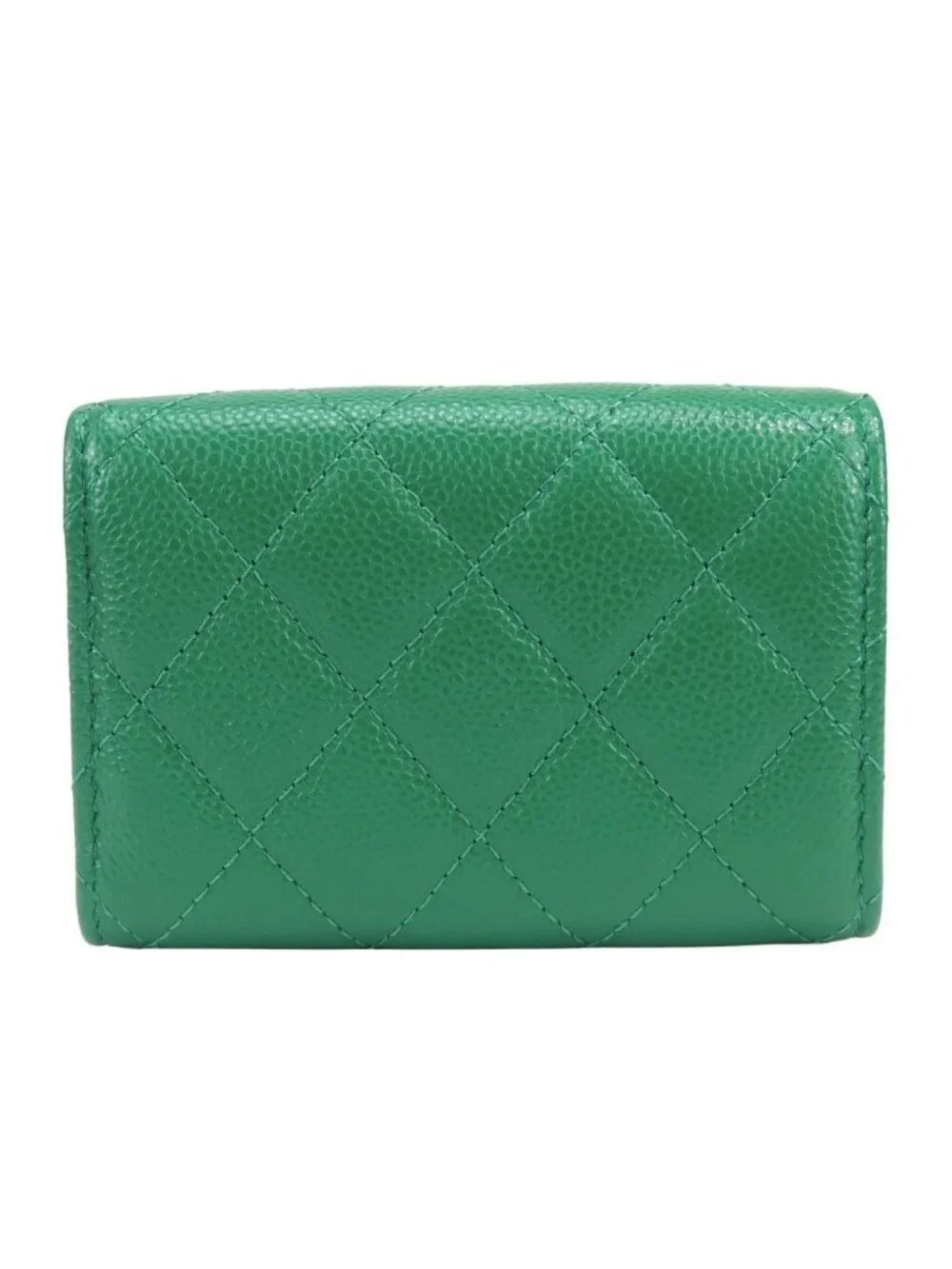 Chanel Trifold Wallet Compact Quilted CC Logo Caviar Leather Green Silver 30